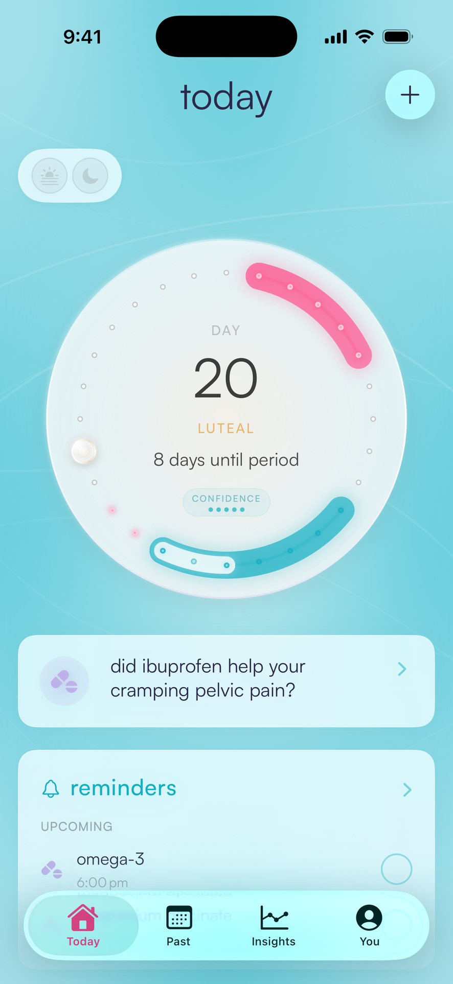 pum's Today screen: the cycle dial on day 20, luteal phase